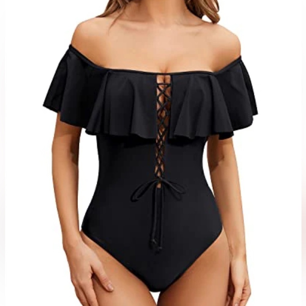 Tempt Me Lace-Up Front Off Shoulder Ruffle One Piece Swimsuit - Picture 10 of 10